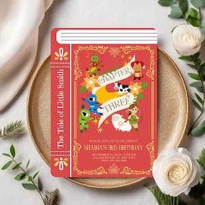 Faire-part d'anniversaire sur le thème du livre d'histoires, livre de conte de fées sur invitation modifiable, modèle d'anniversaire de bibliothèque, carte d'anniversaire fête livre fantaisie