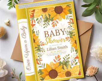 Story book fairytale flower card, Floral book baby shower invitation editable, Baby shower invitation book theme, Book birthday invitation