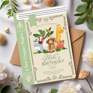 May include: A green and brown book-shaped invitation with a photo of a baby boy in a safari outfit. The invitation says "A New Chapter Begins" and "Mike's Birthday as he turns One".