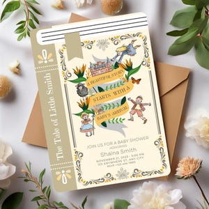 Verhalenboek babyshower uitnodiging hoofdstuk boek afdrukbaar boek thema uitnodigen genderneutrale leesgrage kaart bewerkbare sjabloon fantasie sprookje