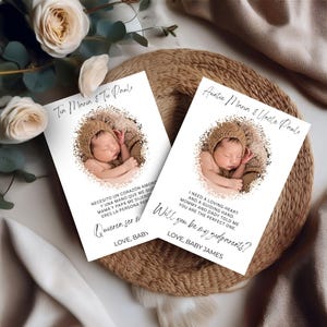 Plantilla de tarjeta de propuesta de ser mis padrinos, tarjeta de madrina con foto minimalista imprimible, propuesta de bautismo moderna editable en español e inglés