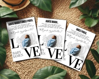 May include: Three white cards with black text and a baby photo. The cards read "Will you be a godparent?" and "Will you be a godfather?" with names and a message. The cards are surrounded by green leaves and a woven background.