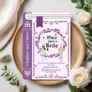 Uitnodiging literaire vrijgezellenfeest, betoverende tuin bloementhema, grillige vrijgezellenfeestuitnodiging, sprookjesbloem moderne bruiloft boekkaart