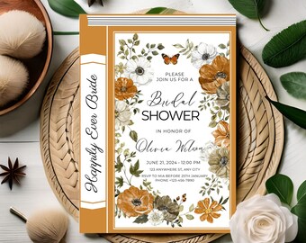 Fall Fairytale Fantasy Book Themed Bridal Shower Invites, Floral Wedding Book Invitation, Enchanted Invites Book, Literary Whimsical Inspo