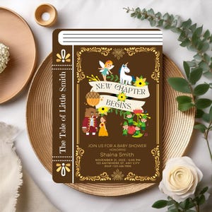Gold brown book baby shower theme, Fantasy character book baby shower invitation, A new chapter begins book Invite, Fairytale baby shower