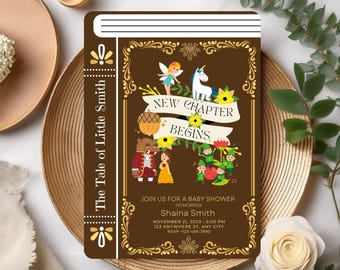 Gold brown book baby shower theme, Fantasy character book baby shower invitation, A new chapter begins book Invite, Fairytale baby shower