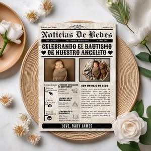 Anuncio de bautismo en el periódico, plantilla de periódico de bautismo, tarjeta de invitación de bautismo, diario de bautismo, Spanish Card