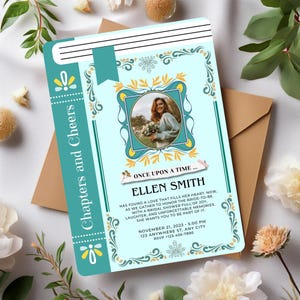 Invito per addio al nubilato a tema libro, invito per addio al nubilato Enchanted Book, libro per addio al nubilato A New Chapter, biglietto per addio al nubilato Library
