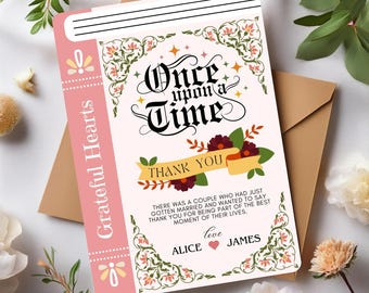 Biglietto di ringraziamento per matrimonio, invito a libro, biglietto di ringraziamento per matrimonio con libro da favola, matrimonio con fantasia floreale, ricordo di invito a libro