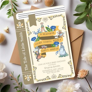 Faire-part pour baby shower livre d'histoires, invitation sur le thème du livre, non sexiste, modèle modifiable, carte livresque, conte de fées fantastique, chapitre sur le thème du livre