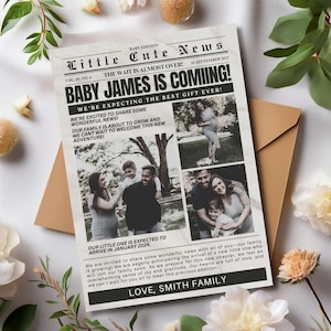 Anúncio de jornal para bebê, Modelo de jornal personalizado para gravidez, Cartão de programa de jornal, Cartão de informações faça você mesmo para recém-nascidos, Jornal de notícias sobre bebês é um presente