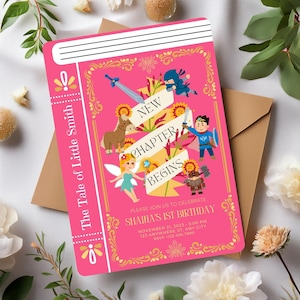 Faire-part d'anniversaire fantaisiste, modèle de conte enchanté modifiable, invitation de livre princesse et prince du château, carte de conte de fées
