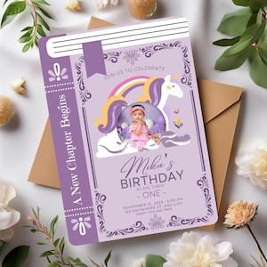 Livre d'invitation d'anniversaire sur le thème, livre d'invitation de conte de fées licorne personnalisé, modèle d'anniversaire de bibliothèque, carte d'anniversaire arc-en-ciel de fête de livre magique