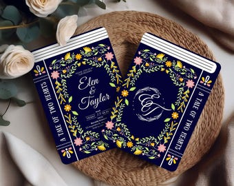 Invito a nozze da favola con fantasia floreale, biglietto d'invito con libro stravagante, cancelleria per matrimonio con giardino incantato, invito a nozze da sogno con principessa