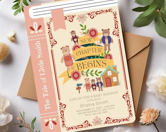 Family bear fantasy book baby shower invitation, A new chapter begins Invite, Baby shower book theme invite, Fairytale baby shower card