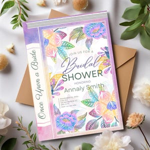 Faire-part de douche nuptiale livre floral, douche nuptiale sur le thème des fleurs, faire-part fantaisiste, douche nuptiale sur le thème de la bibliothèque, carte de douche enchantée