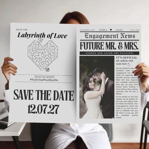 Plantilla de periódico de compromiso, sesión de fotos de compromiso de futuros esposos, plantilla de periódico de bodas de Canva, idea de anuncio de fotos de compromiso