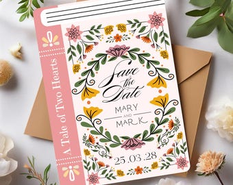 Salva la data per un matrimonio da favola, Invito a nozze incantato, Invito a nozze floreale fantasy libresco, Matrimonio letterario, Matrimonio da favola