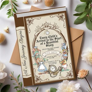 Babyshower met verhalenboekthema, babyshower nodigt leesgrage, volgende hoofdstuk babyshoweruitnodiging, babyshower fantasie, uitnodigen met boek