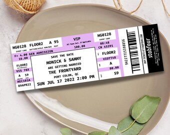 May include: A purple and white wedding ticket with the text "HG0128 FLOOR2 A 95" and "SAVE THE DATE MONICK & SAMMY ARE GETTING MARRIED THE FRONTYARD PORT COLON, QC SUN JUL 17 2022 2:00 PM".