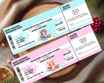 Baby shower invitation boarding pass, Baby shower invite, Bear airplane ticket ,Adventure begins, Diaper raffle ticket, Plane ticket invite