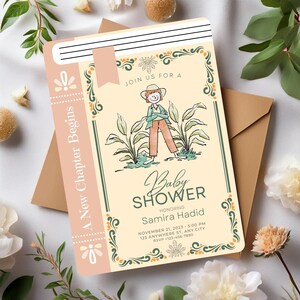 Invito baby shower con tema contadino bambino, invito tema fagiolo magico, invito baby shower con tema fiaba, invito baby shower con tema biblioteca Cottagecore