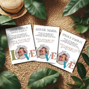 Cartão de padrinho com foto minimalista editável, madrinha e padrinho de batismo moderno para impressão, modelo de cartão de proposta de vocês serão meus padrinhos