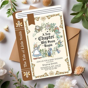 Babyshoweruitnodiging leesgrage, boekuitnodiging voor babyshower, Once Upon A Time babyboek sprookjeskaart, volgende hoofdstuk babyshoweruitnodiging