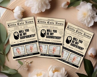 May include: Three vintage-style newspaper announcement cards with the text "Little Cute News" and a cartoon baby. The cards ask "Will you be my Godparents?", "Will you be my Godmother?", and "Will you be my Godfather?" with checkboxes for "Yes", "Absolutely", and "All of the above". Each card has a photo of a baby in a different pose.