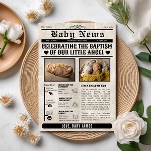 Anuncio de periódico de bautismo, plantilla de periódico de bautizo, tarjeta de invitación de bautismo, diario de bautismo, programa de respuesta, carta de invitación única