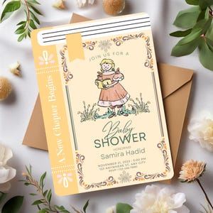 Invitation de baby shower de livre littéraire de fille livresque, invitation de thème de lecture, invitation de baby shower de conte de fées, baby shower de bibliothèque Cottagecore