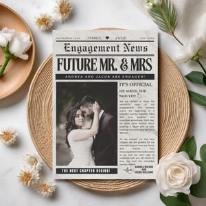 Modelo de jornal de noivado, modelo de jornal de casamento Canva, futuro Sr. e Sra. Sessão de fotos de noivado, ideia de anúncio de foto de noivado