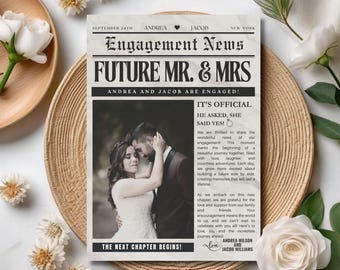 Engagement Newspaper Template, Canva Wedding Newspaper Template, Future Mr and Mrs Engagement Photoshoot, Engagement Photo Announcement idea