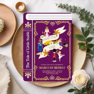 Livre d'invitation de conte de fées modifiable, modèle d'anniversaire de bibliothèque, carte d'anniversaire de fête de livre fantastique, faire-part d'anniversaire sur le thème du personnage du livre d'histoires