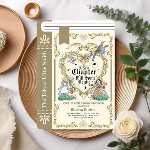 Boekuitnodiging voor babyshower, babyshoweruitnodiging leesgrage, volgende hoofdstuk babyshoweruitnodiging, Once Upon A Time babyboek sprookjeskaart