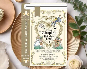 Boekuitnodiging voor babyshower, babyshoweruitnodiging leesgrage, volgende hoofdstuk babyshoweruitnodiging, Once Upon A Time babyboek sprookjeskaart