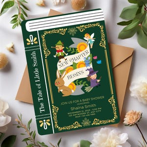Invitation de baby shower de livre de caractère fantastique, un nouveau chapitre commence une invitation de livre, une invitation à thème de livre de baby shower, une carte de baby shower de conte de fées