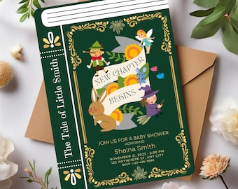 Fantasy character book baby shower invitation, A new chapter begins book Invite, Baby shower book theme invite, Fairytale baby shower card