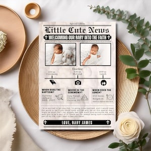 Plantilla de periódico para invitación de bautismo, invitación de bautismo, anuncio de bautismo, periódico de bautismo, periódico impreso para bautismo, programa de confirmación de asistencia