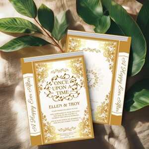 Cartão Era uma vez um casamento, convite de casamento de conto de fadas, papelaria romântica de sonho, convite de casamento Royal Gold, convite de casamento encantado