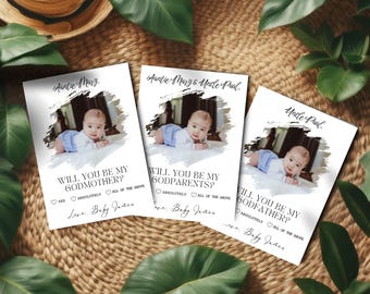 Godparents proposal, Will You Be My Godmother Proposal Card Template, Printable Minimal Photo Godfather, Editable Modern Baptism Proposal