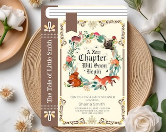 Woodland book baby shower invitation, A new chapter begins Invite, Forest animals baby shower theme invite, Fairytale baby shower invitation