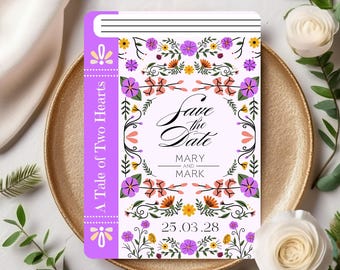Save the Date Book Themed Wedding Invitation, Floral Wedding Stationery, Enchanted Garden Wedding Invite, Fairytale Storybook Invitation