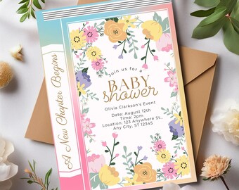 Floral book baby shower invitation editable, baby shower invitation book theme, Book birthday invitation, Story book fairytale flower card