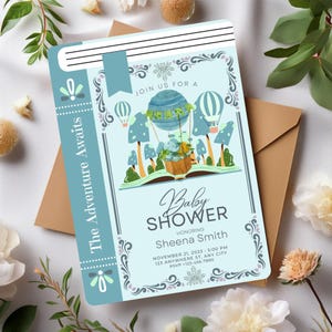 Het avontuur wacht, olifant reis babyshower boek uitnodiging, fantasy boek thema, grillige babyshower, dieren in heteluchtballon