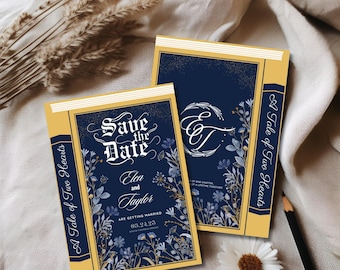 May include: A save the date card with a book design. The card is yellow and blue with a floral pattern. The text on the card reads "Save the Date" with the names "Elen and Taylor" and the date "08.24.25". The card also has the title "A Tale of Two Hearts" on the spine.