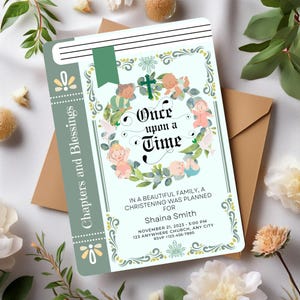 Plantilla creativa de invitación de bautismo, invitación de bautizo, anuncio de bautismo, tarjeta de libro de fantasía, invitación literaria de bautizo de cuento de hadas