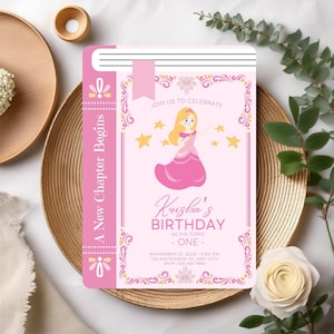 Invito di compleanno a tema principessa, Invito di compleanno per bambini da favola, Invito di compleanno reale, Biglietto con l'inizio di un nuovo capitolo, Rosa pastello