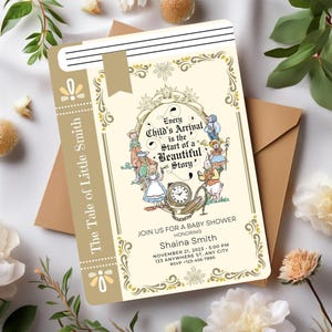 Shower de bébé sur le thème du livre d'histoires, invitations de baby shower, livresque, invitation de baby shower de chapitre suivant, baby shower de livre fantastique, invitation avec livre