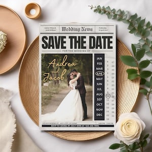 Hochzeitszeitung Save the Date, bearbeitbare Zeitungshochzeitsvorlage, Hochzeitskarte mit Kalender, Fotohochzeitseinladung, Zeitungseinladung